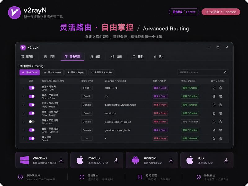 v2rayN高级路由分流设置面板界面截图，展示直连与代理规则配置